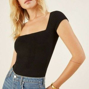 Reformation Black Ribbed Cap Sleeve Square Neck Bardot Top